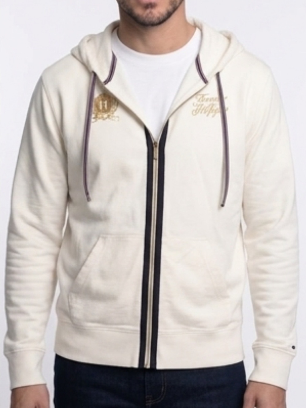 Tommy Hilfiger Cream Zip-Up Hoodie with Navy Trim and Gold Embroidery
